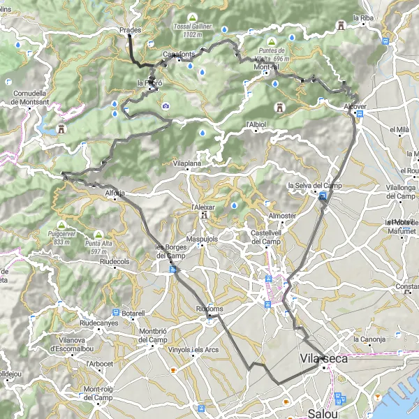 Miniatuurkaart van de fietsinspiratie "Uitdagende rit door de bergen van Catalonië" in Cataluña, Spain. Gemaakt door de Tarmacs.app fietsrouteplanner