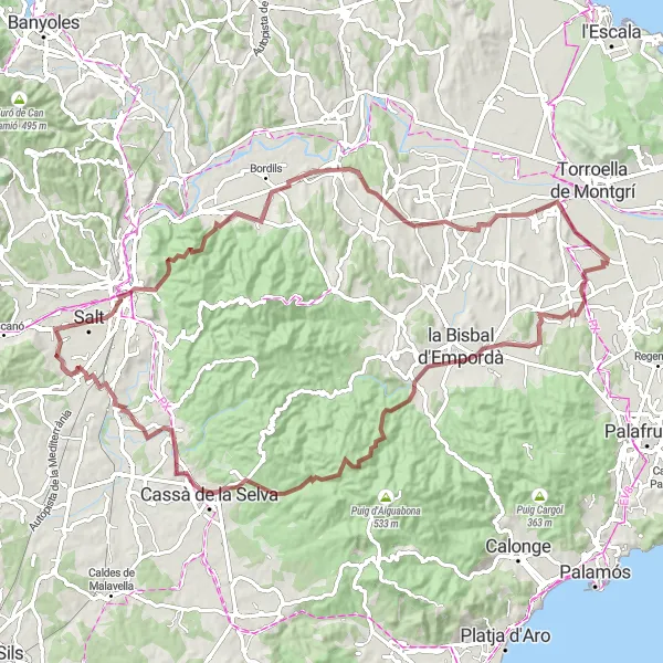 Map miniature of "Gravel ride through medieval villages and nature reserves" cycling inspiration in Cataluña, Spain. Generated by Tarmacs.app cycling route planner