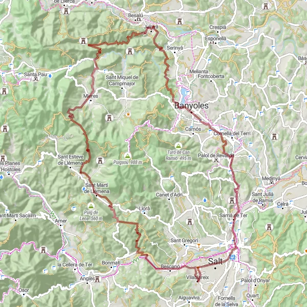Miniaturní mapa "Gravel Okolo Bescanó" inspirace pro cyklisty v oblasti Cataluña, Spain. Vytvořeno pomocí plánovače tras Tarmacs.app