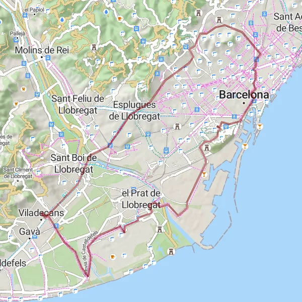 Miniatuurkaart van de fietsinspiratie "Verken de natuur rond Viladecans en Mirador dels Xiprers per fiets" in Cataluña, Spain. Gemaakt door de Tarmacs.app fietsrouteplanner