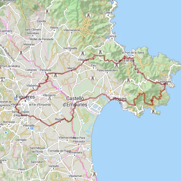 Map miniature of "The Coastal Gravel Expedition" cycling inspiration in Cataluña, Spain. Generated by Tarmacs.app cycling route planner