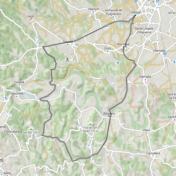 Map miniature of "The Valleys of Emporda" cycling inspiration in Cataluña, Spain. Generated by Tarmacs.app cycling route planner