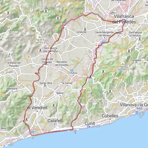 Miniature de la carte de l'inspiration cycliste "Les Chemins Secrets du Penedès" dans la Cataluña, Spain. Générée par le planificateur d'itinéraire cycliste Tarmacs.app