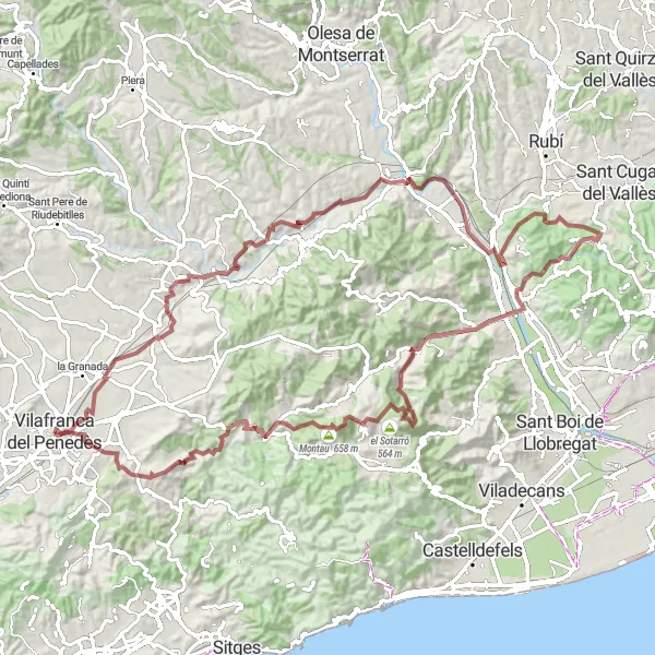 Miniatua del mapa de inspiración ciclista "Ruta de Grava de Vilafranca del Penedès" en Cataluña, Spain. Generado por Tarmacs.app planificador de rutas ciclistas