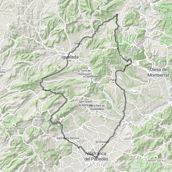 Miniatuurkaart van de fietsinspiratie "Vilafranca del Penedès naar de bergen en terug" in Cataluña, Spain. Gemaakt door de Tarmacs.app fietsrouteplanner