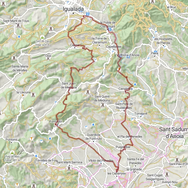 Miniaturní mapa "Gravel Loop to Carme" inspirace pro cyklisty v oblasti Cataluña, Spain. Vytvořeno pomocí plánovače tras Tarmacs.app