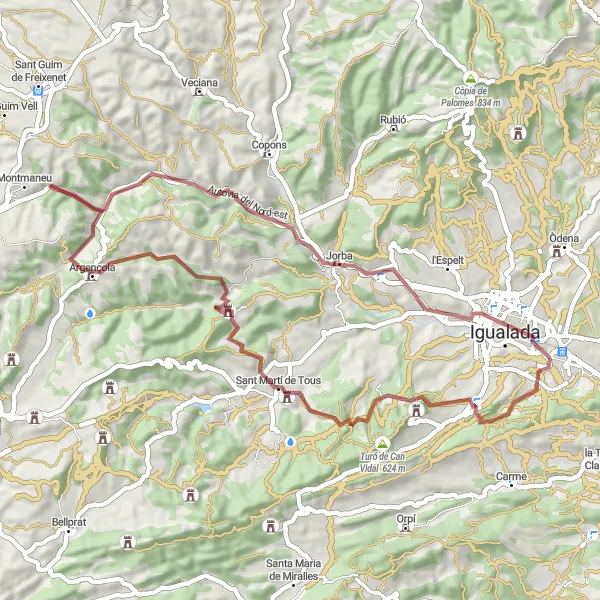 Miniaturní mapa "Gravel Adventure to Igualada" inspirace pro cyklisty v oblasti Cataluña, Spain. Vytvořeno pomocí plánovače tras Tarmacs.app