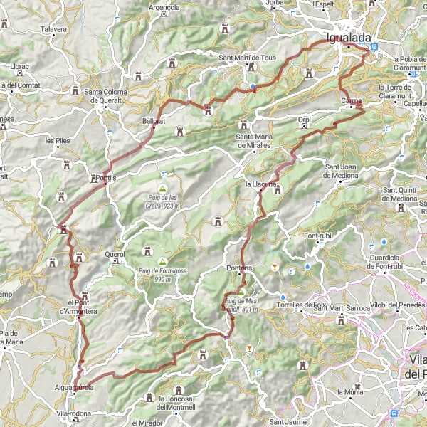 Map miniature of "Gravel Adventure through Vilanova del Camí and Beyond" cycling inspiration in Cataluña, Spain. Generated by Tarmacs.app cycling route planner