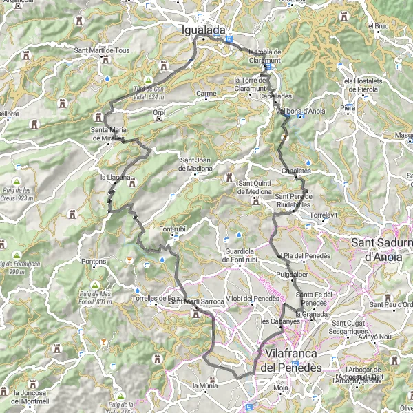 Miniatuurkaart van de fietsinspiratie "Hoogtepunten van Vilanova del Camí" in Cataluña, Spain. Gemaakt door de Tarmacs.app fietsrouteplanner