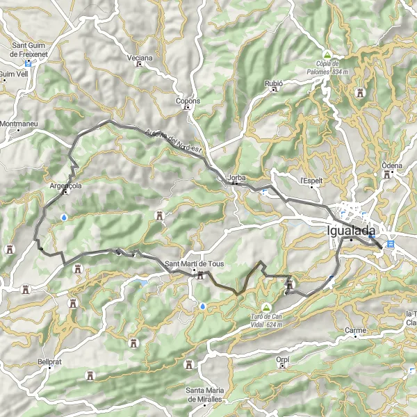 Map miniature of "Vilanova del Camí Loop" cycling inspiration in Cataluña, Spain. Generated by Tarmacs.app cycling route planner