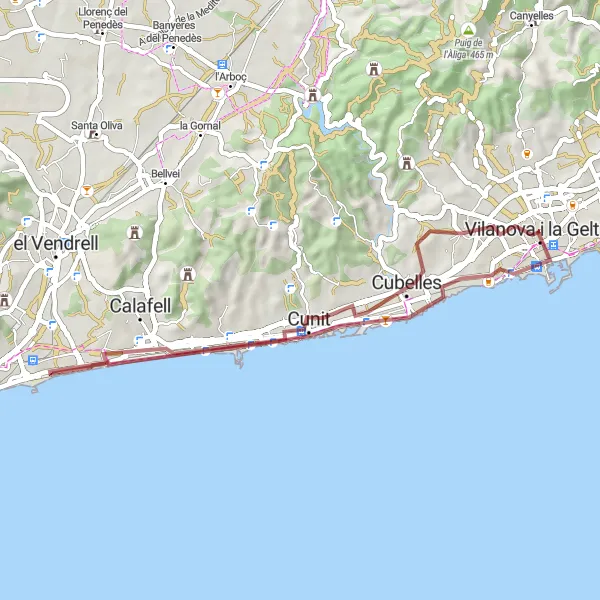 Karten-Miniaturansicht der Radinspiration "Gemütliche Gravel-Radtour in der Nähe von Vilanova i la Geltrú" in Cataluña, Spain. Erstellt vom Tarmacs.app-Routenplaner für Radtouren