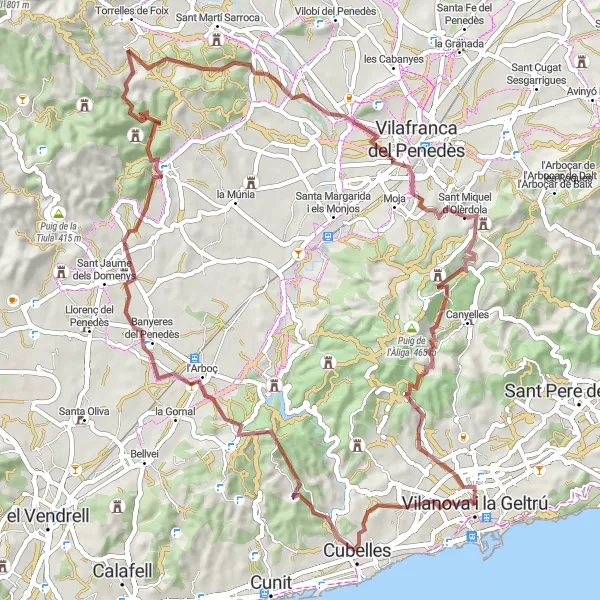 Miniatura della mappa di ispirazione al ciclismo "Giro in bicicletta gravel panoramico da Vilanova i la Geltrú" nella regione di Cataluña, Spain. Generata da Tarmacs.app, pianificatore di rotte ciclistiche