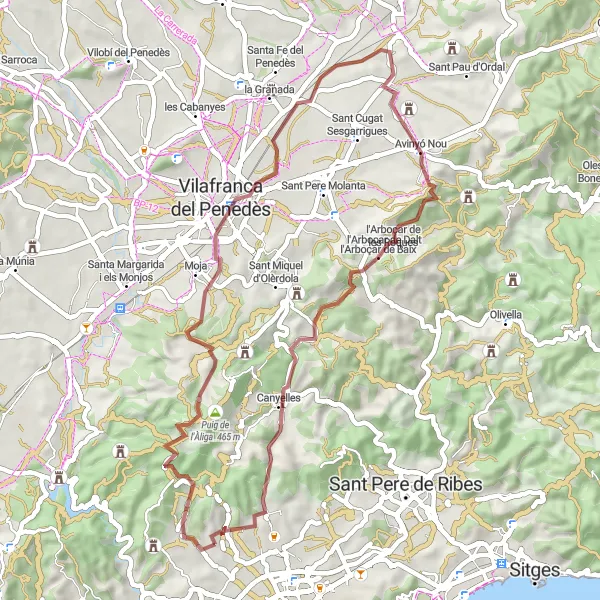 Miniatura della mappa di ispirazione al ciclismo "Sentiero delle vigne di Penedès" nella regione di Cataluña, Spain. Generata da Tarmacs.app, pianificatore di rotte ciclistiche