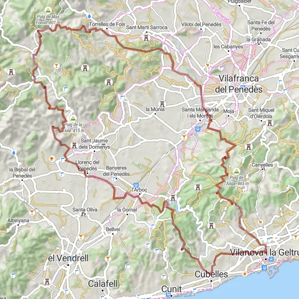 Miniatura della mappa di ispirazione al ciclismo "Esplorazione naturale del Penedès" nella regione di Cataluña, Spain. Generata da Tarmacs.app, pianificatore di rotte ciclistiche