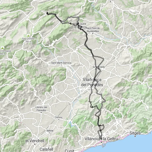 Miniatura della mappa di ispirazione al ciclismo "Giro in bicicletta su strada da Vilanova i la Geltrú" nella regione di Cataluña, Spain. Generata da Tarmacs.app, pianificatore di rotte ciclistiche