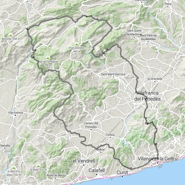 Miniature de la carte de l'inspiration cycliste "Aventure dans les Montagnes de l'Arrière-Pays" dans la Cataluña, Spain. Générée par le planificateur d'itinéraire cycliste Tarmacs.app