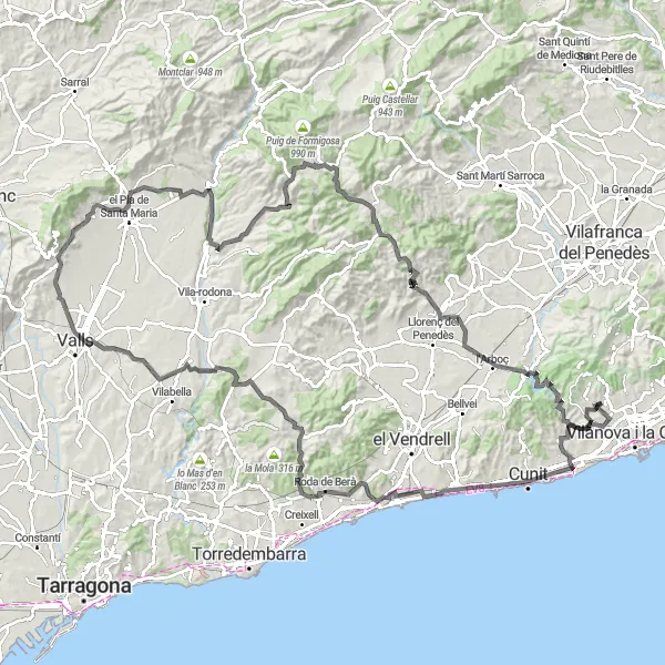 Miniatua del mapa de inspiración ciclista "Ruta en Bicicleta de Carretera por los alrededores de Vilanova y la Geltrú" en Cataluña, Spain. Generado por Tarmacs.app planificador de rutas ciclistas