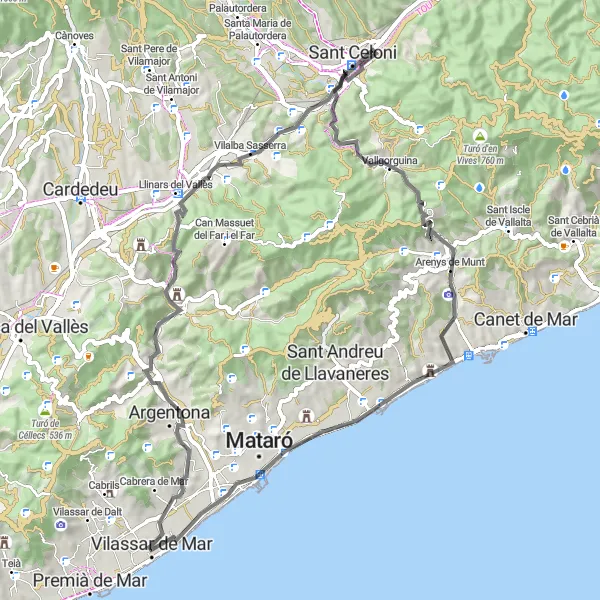 Miniatuurkaart van de fietsinspiratie "Dosrius en omgeving" in Cataluña, Spain. Gemaakt door de Tarmacs.app fietsrouteplanner