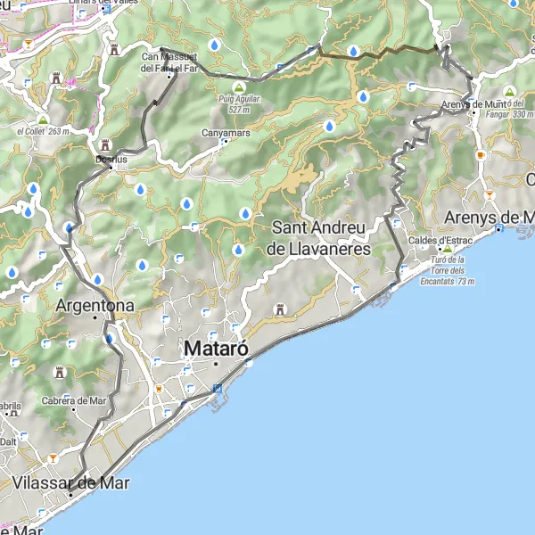 Miniatuurkaart van de fietsinspiratie "Dosrius en Arenys de Munt" in Cataluña, Spain. Gemaakt door de Tarmacs.app fietsrouteplanner