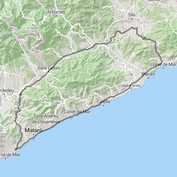 Map miniature of "Vilassar de Mar to Lloret de Mar Loop" cycling inspiration in Cataluña, Spain. Generated by Tarmacs.app cycling route planner