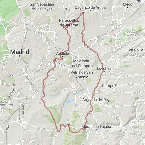 Miniatuurkaart van de fietsinspiratie "Gravel fietsroute rondom Ajalvir" in Comunidad de Madrid, Spain. Gemaakt door de Tarmacs.app fietsrouteplanner