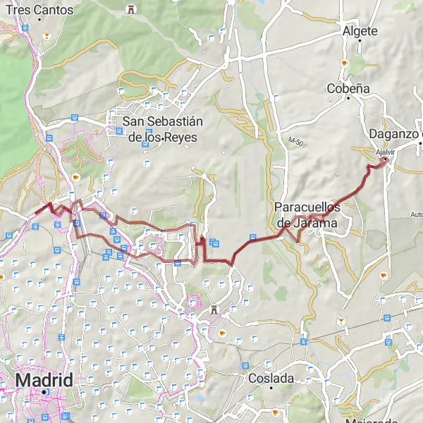 Miniatuurkaart van de fietsinspiratie "Gravelroute van Ajalvir naar Miramadrid" in Comunidad de Madrid, Spain. Gemaakt door de Tarmacs.app fietsrouteplanner