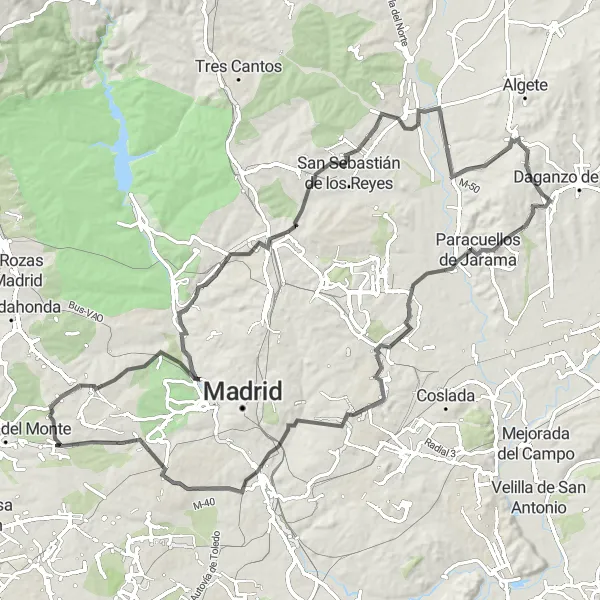 Miniatuurkaart van de fietsinspiratie "Ronde weg fietsroute vanuit Ajalvir" in Comunidad de Madrid, Spain. Gemaakt door de Tarmacs.app fietsrouteplanner