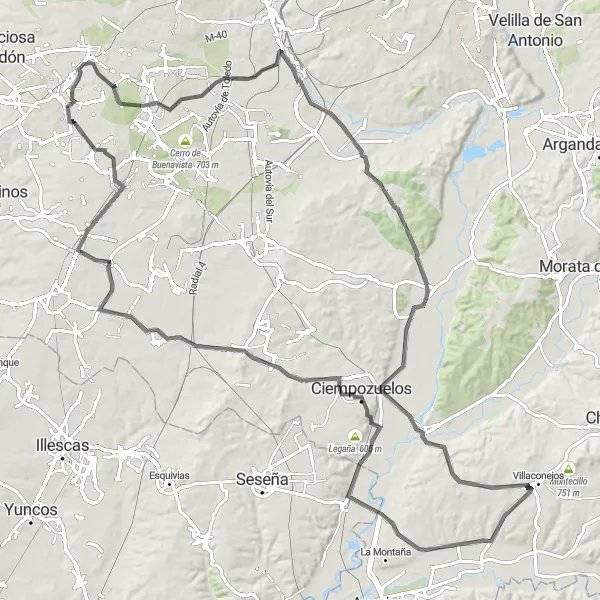 Miniatuurkaart van de fietsinspiratie "Alcorcón - Villaverde - Perales del Río - San Martín de la Vega - Villaconejos - Cerro de la Peñuela - Ciempozuelos - Torrejón de la Calzada - Humanes de Madrid - Loranca" in Comunidad de Madrid, Spain. Gemaakt door de Tarmacs.app fietsrouteplanner