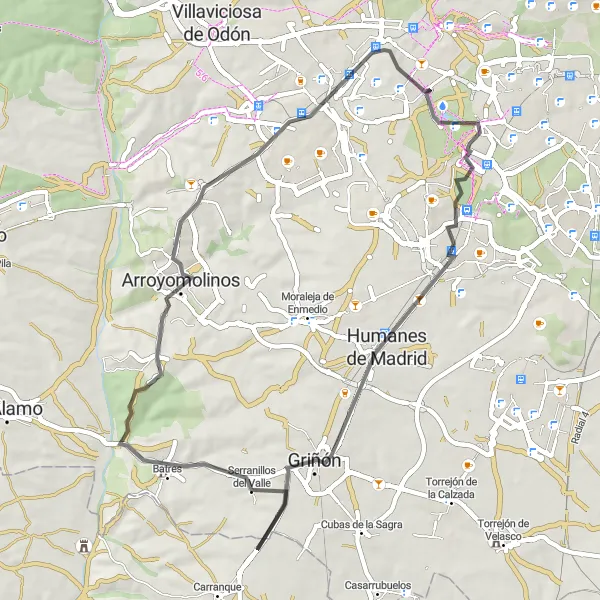 Miniatura mapy "Trasa Alcorcón - Móstoles - Arroyo Culebro - Serranillos del Valle - Torreón de Arroyomolinos" - trasy rowerowej w Comunidad de Madrid, Spain. Wygenerowane przez planer tras rowerowych Tarmacs.app