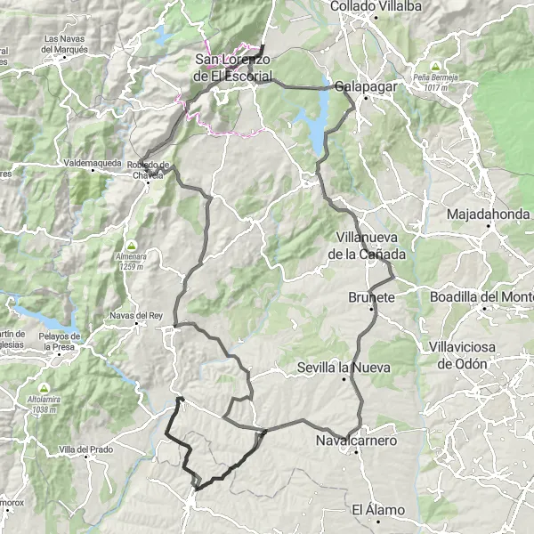 Miniatua del mapa de inspiración ciclista "Ruta de los Pueblos de la Sierra Oeste" en Comunidad de Madrid, Spain. Generado por Tarmacs.app planificador de rutas ciclistas