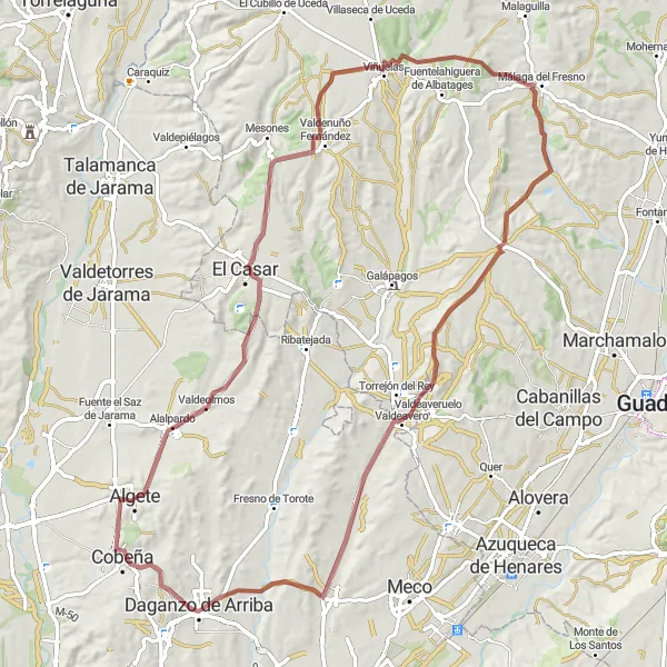 Miniatuurkaart van de fietsinspiratie "Uitdagende gravelroute naar Cobeña" in Comunidad de Madrid, Spain. Gemaakt door de Tarmacs.app fietsrouteplanner