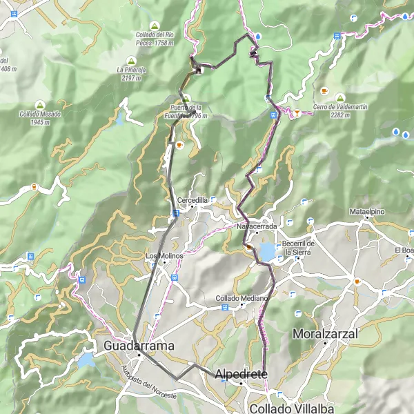 Miniatura mapy "Trasa rowerowa Alpedrete - Los Molinos - Puerto de la Fuenfría - Alpedrete" - trasy rowerowej w Comunidad de Madrid, Spain. Wygenerowane przez planer tras rowerowych Tarmacs.app