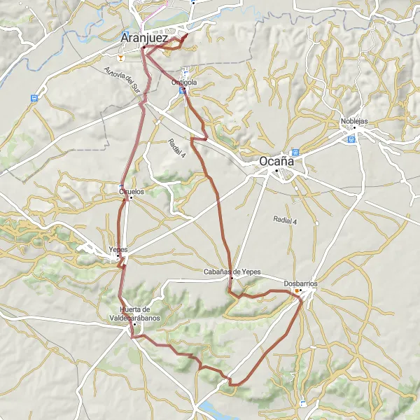 Miniatuurkaart van de fietsinspiratie "Gravelavontuur naar Ontígola" in Comunidad de Madrid, Spain. Gemaakt door de Tarmacs.app fietsrouteplanner