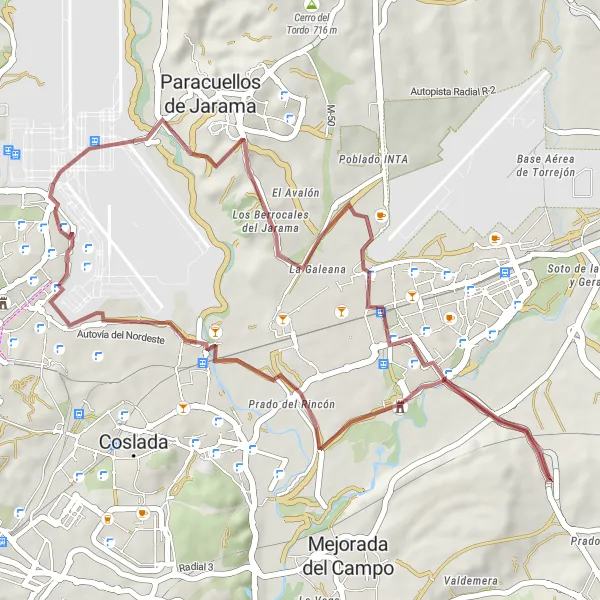 Miniatura mapy "Trasa rowerowa po terenach gravelowych w okolicy Barajas de Madrid (Comunidad de Madrid, Hiszpania)" - trasy rowerowej w Comunidad de Madrid, Spain. Wygenerowane przez planer tras rowerowych Tarmacs.app