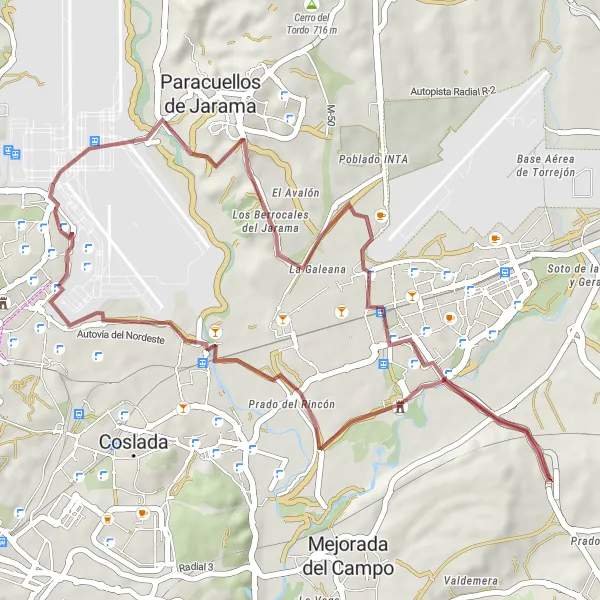 Map miniature of "Discovering Gravel Trails near Barajas" cycling inspiration in Comunidad de Madrid, Spain. Generated by Tarmacs.app cycling route planner