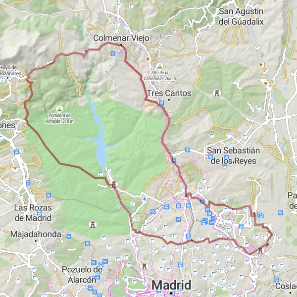 Map miniature of "Challenging Gravel Adventure: Valpalomero Vista" cycling inspiration in Comunidad de Madrid, Spain. Generated by Tarmacs.app cycling route planner