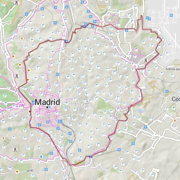 Miniatura mapy "Trasa rowerowa po terenach gravelowych w okolicy Barajas de Madrid (Comunidad de Madrid, Hiszpania)" - trasy rowerowej w Comunidad de Madrid, Spain. Wygenerowane przez planer tras rowerowych Tarmacs.app