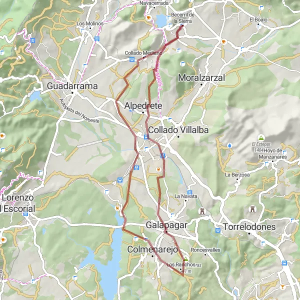 Miniatuurkaart van de fietsinspiratie "Gravelroute door de omgeving van Becerril de la Sierra" in Comunidad de Madrid, Spain. Gemaakt door de Tarmacs.app fietsrouteplanner