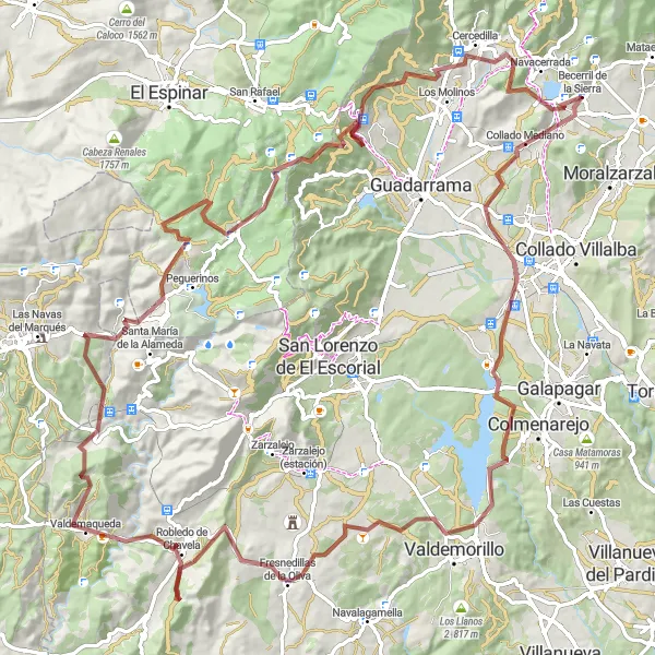 Miniatua del mapa de inspiración ciclista "Ruta de ciclismo de gravel desde Becerril de la Sierra" en Comunidad de Madrid, Spain. Generado por Tarmacs.app planificador de rutas ciclistas