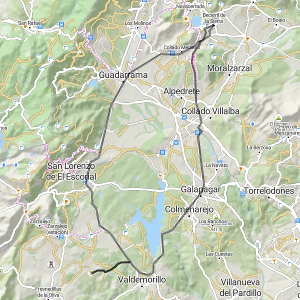 Miniatura mapy "Trasa Szosowa z Becerril de la Sierra" - trasy rowerowej w Comunidad de Madrid, Spain. Wygenerowane przez planer tras rowerowych Tarmacs.app