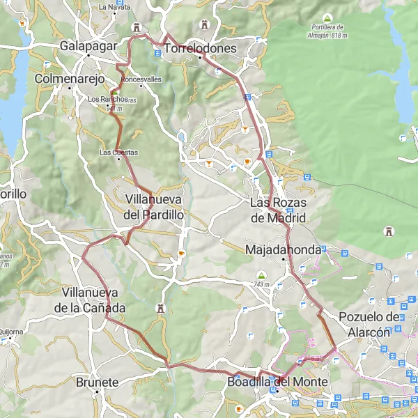 Map miniature of "Gravel cycling route to La Raya del Palancar-Guadamonte, Villanueva del Pardillo, and Puente Nuevo" cycling inspiration in Comunidad de Madrid, Spain. Generated by Tarmacs.app cycling route planner