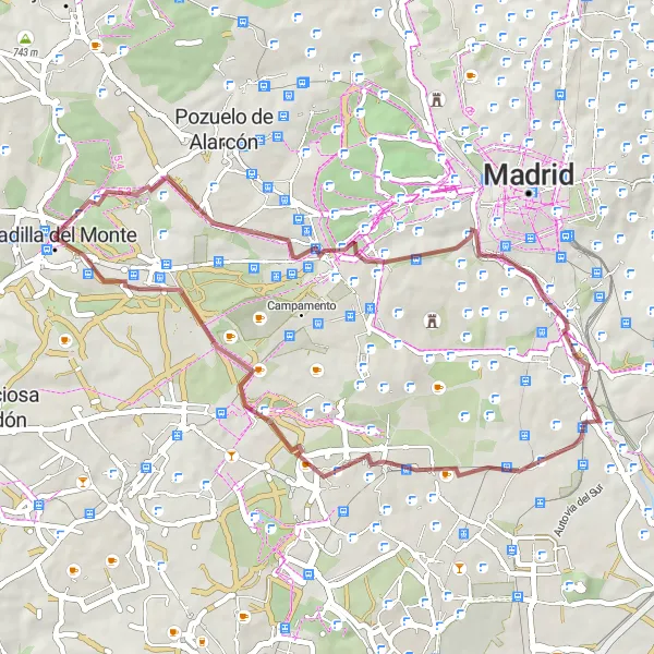 Map miniature of "Gravel cycling route to Cerro de la Mica, Puente del Matadero, and Prado del Espino-San Babiles" cycling inspiration in Comunidad de Madrid, Spain. Generated by Tarmacs.app cycling route planner