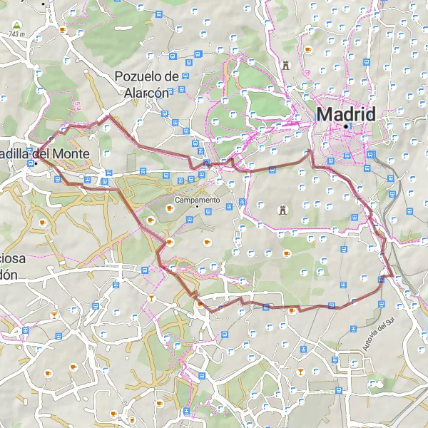 Miniatua del mapa de inspiración ciclista "Ruta de Ciclismo Gravel Boadilla del Monte - Cerro de la Mica - Puente del Matadero - La Atalaya - Villaverde - Leganés Norte - Prado del Espino-San Babiles" en Comunidad de Madrid, Spain. Generado por Tarmacs.app planificador de rutas ciclistas