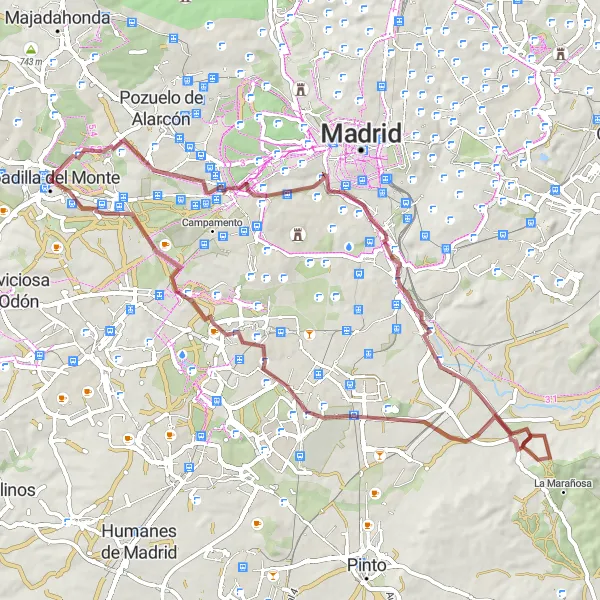 Map miniature of "Boadilla del Monte to Prado del Espino-San Babiles" cycling inspiration in Comunidad de Madrid, Spain. Generated by Tarmacs.app cycling route planner