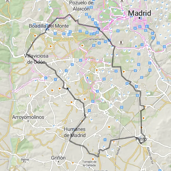 Map miniature of "Road cycling route through Palacio del Infante don Luis, Leganés Norte, Torre de Éboli, and Villaviciosa de Odón" cycling inspiration in Comunidad de Madrid, Spain. Generated by Tarmacs.app cycling route planner