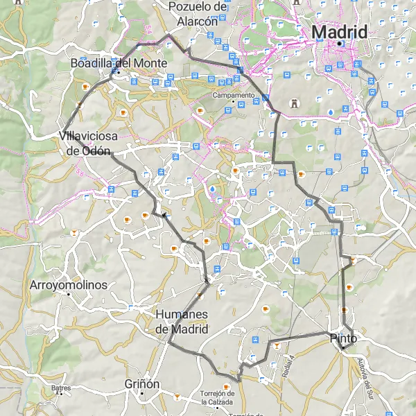 Miniatua del mapa de inspiración ciclista "Ruta de Ciclismo Carretera Boadilla del Monte - Palacio del Infante don Luis - Leganés Norte - Torre de Éboli - Cerro de la Cantueña - Humanes de Madrid - Villaviciosa de Odón" en Comunidad de Madrid, Spain. Generado por Tarmacs.app planificador de rutas ciclistas