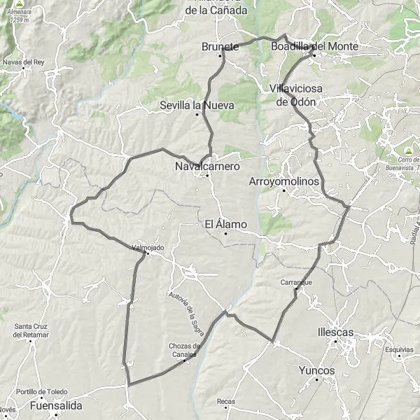 Miniatura mapy "Szlak rowerowy przez okolice Villaviciosa de Odón" - trasy rowerowej w Comunidad de Madrid, Spain. Wygenerowane przez planer tras rowerowych Tarmacs.app