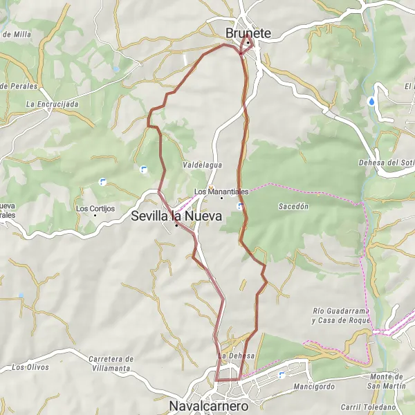 Miniatura mapy "Trasa gravelowa z Brunete do Navalcarnero" - trasy rowerowej w Comunidad de Madrid, Spain. Wygenerowane przez planer tras rowerowych Tarmacs.app