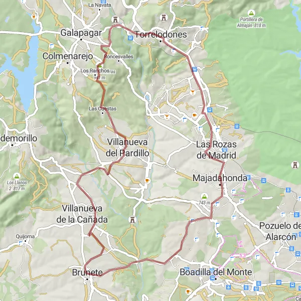 Map miniature of "Villanueva del Pardillo and Majadahonda Exploration" cycling inspiration in Comunidad de Madrid, Spain. Generated by Tarmacs.app cycling route planner