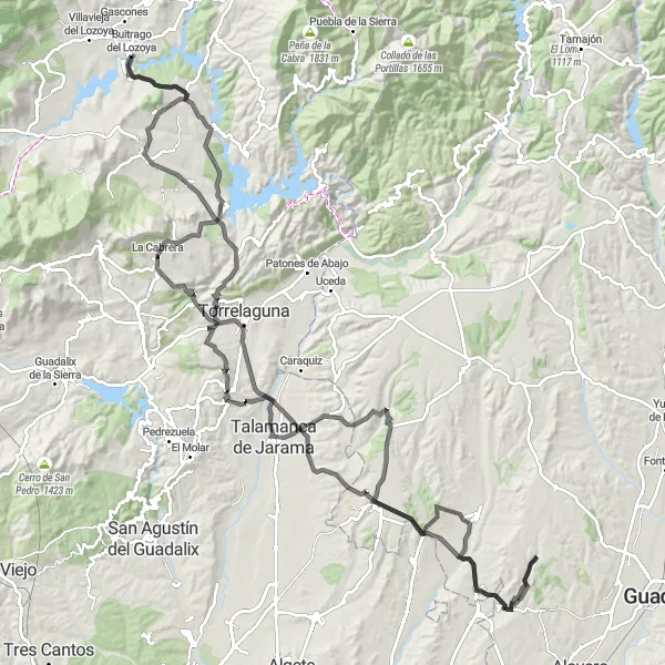 Miniaturekort af cykelinspirationen "Rundtur på landevej fra Buitrago del Lozoya" i Comunidad de Madrid, Spain. Genereret af Tarmacs.app cykelruteplanlægger